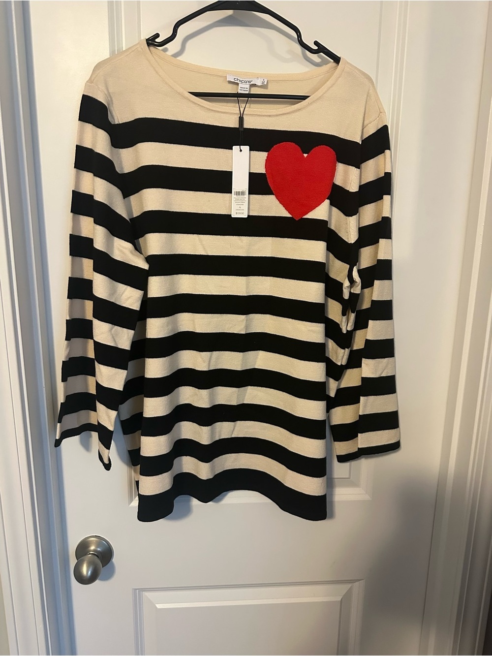 Chico's Black & Cream Striped Long-Sleeve Top with Red Heart - Picture 2 of 7